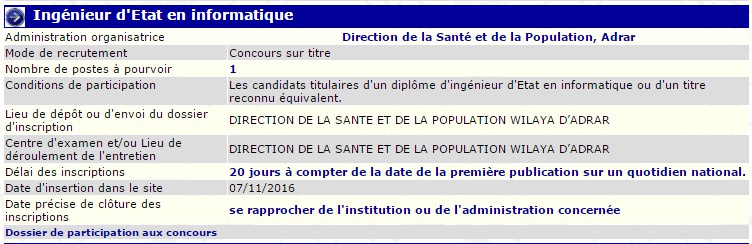 recrutement 07/11/2016 - ingenieur d'etat en informatique à la direction de la santé et de la population, Adrar