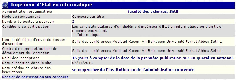 recrutement 07/11/2016 - ingenieur d'etat en informatique à la faculté des sciences, Sétif