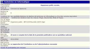 recrutement 23/11/2016 - technicien en informatique à l'organisme public - El Mouradia Alger