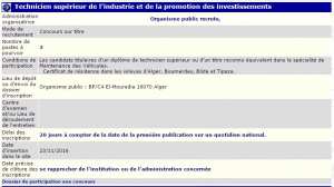 recrutement 23/11/2016 - technicien superieur de l'industrie et de la promotion des investissements à l'organisme public - El Mouradia Alger