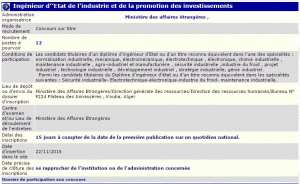 recrutement 23/11/2016 - ingenieur d'etat de l'industrie et de la promotion des investissements au ministere des affaires etrangeres Kouba -Alger