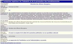 recrutement 23/11/2016 - technicien superieur de l'industrie et de la promotion des investissements au ministere des affaires etrangeres Kouba -Alger