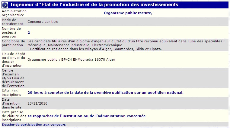 recrutement 23/11/2016 - ingenieur de l'industrie et de la promotion des investissements à l'organisme public - El Mouradia Alger