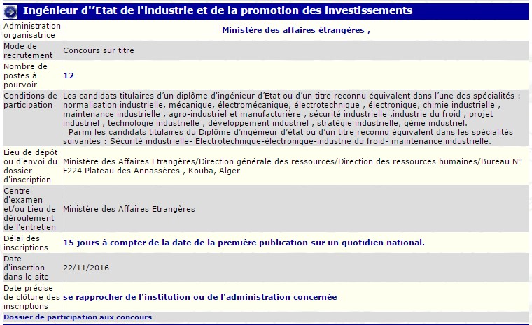 recrutement 23/11/2016 - ingenieur d'etat de l'industrie et de la promotion des investissements au ministere des affaires etrangeres Kouba -Alger