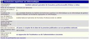 recrutement 28/11/2016 - technicien superieur en informatique à l'institut national spécialisé de formation professionnelle d'Adrar
