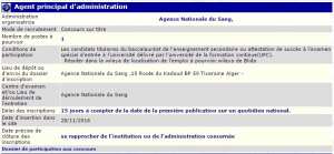 recrutement 28/11/2016 - agent principal d'administration à l'agence nationale du sang à Alger