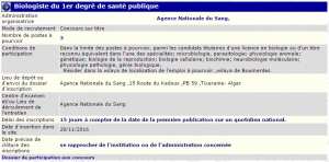 recrutement 28/11/2016 - biologiste 1er degré de santé publique à l'agence nationale du sang à Alger