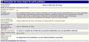 recrutement 28/11/2016 - biologiste 2eme degré de santé publique à l'agence nationale du sang à Alger