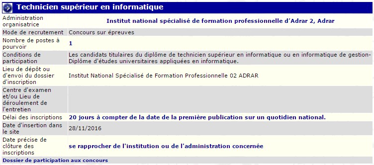 recrutement 28/11/2016 - technicien superieur en informatique à l'institut national spécialisé de formation professionnelle d'Adrar