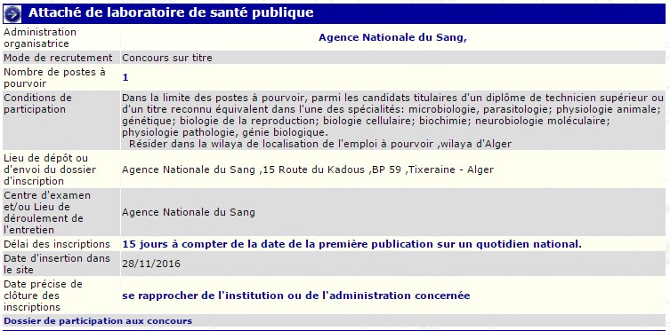 recrutement 28/11/2016 - attaché de laboratoire de la santé public à l'agence nationale du sang à Alger