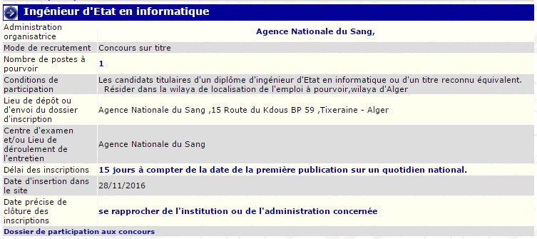 recrutement 28/11/2016 - ingenieur d'etat en informatique à l'agence nationale du sang à Alger