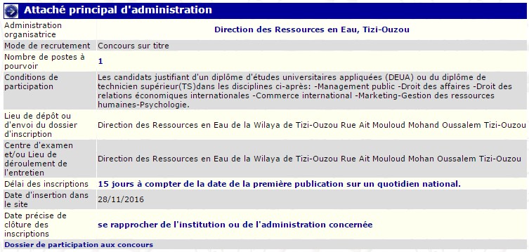 recrutement 28/11/2016 - attaché principal d'administration à la direction des ressources en eau - Tizi Ouzou