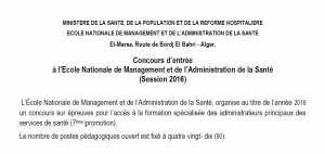 Concours d’entrée à l’Ecole Nationale de Management et de l’Administration de la Santé (Session 2016)