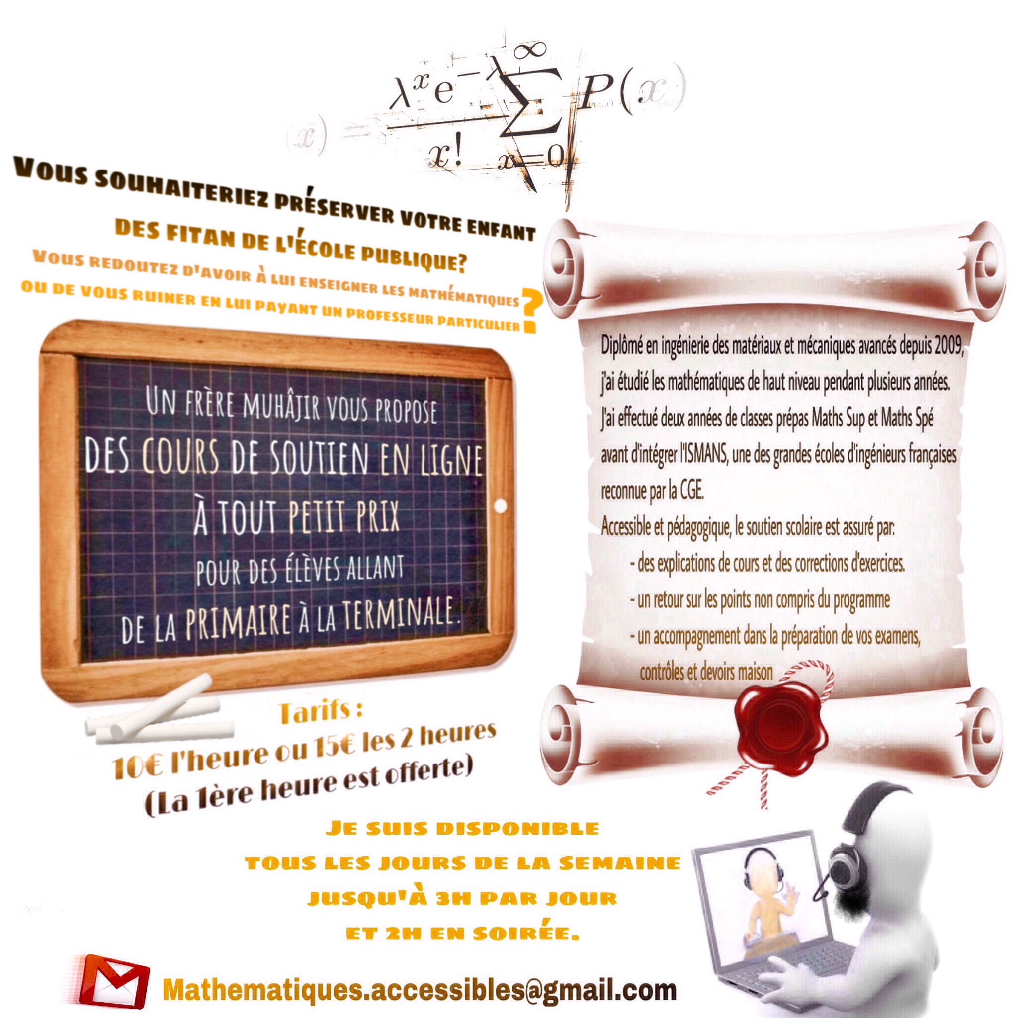 Ingénieur donne cours de maths à 10€/h(15€ les 2h)