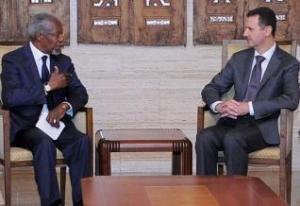 عنان:  اتفقت مع الرئيس الأسد على خطة لوقف العنف                                     اجري مباحثاته مع بشار الأسد امس