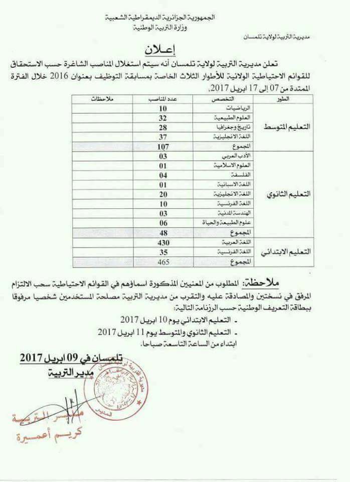 اعلان مديرية التربية تلمسان ليوم09/04/2017