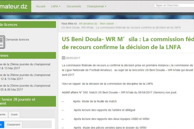 La FAF confirme la victoire de Béni Douala contre M'sila