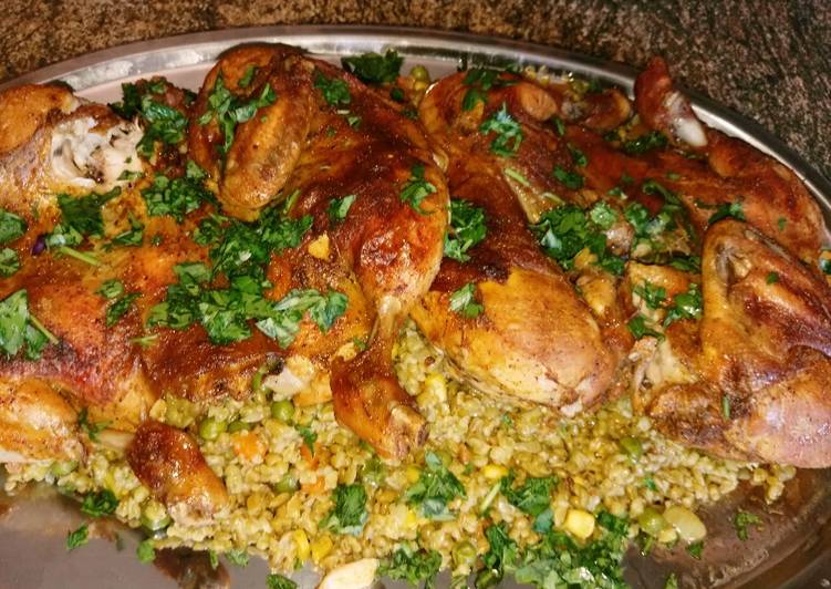 دجاج مشوي وفريكة مفلفلة