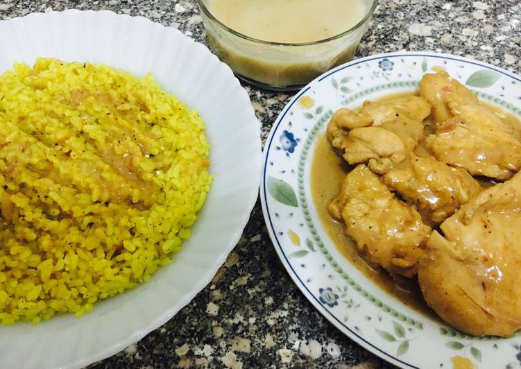 الدجاج بالصوص الكريمي و الارز الاصفر و شوربه الدجاج