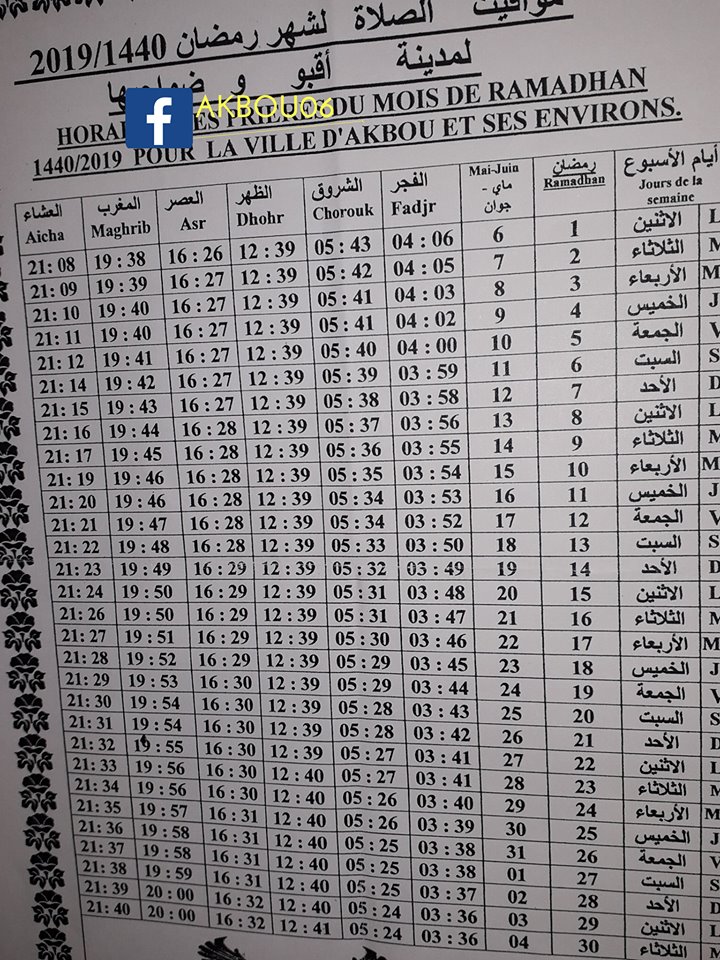horaires de prières et el IFTAR de la région de béjaia