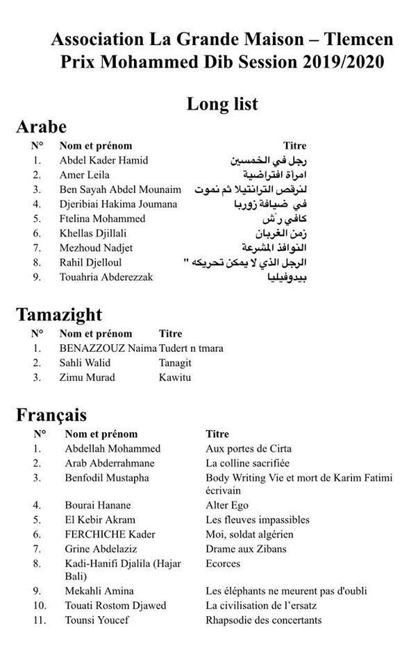 Prix Littéraire Mohammed-Dib 2020 (LONG LIST)