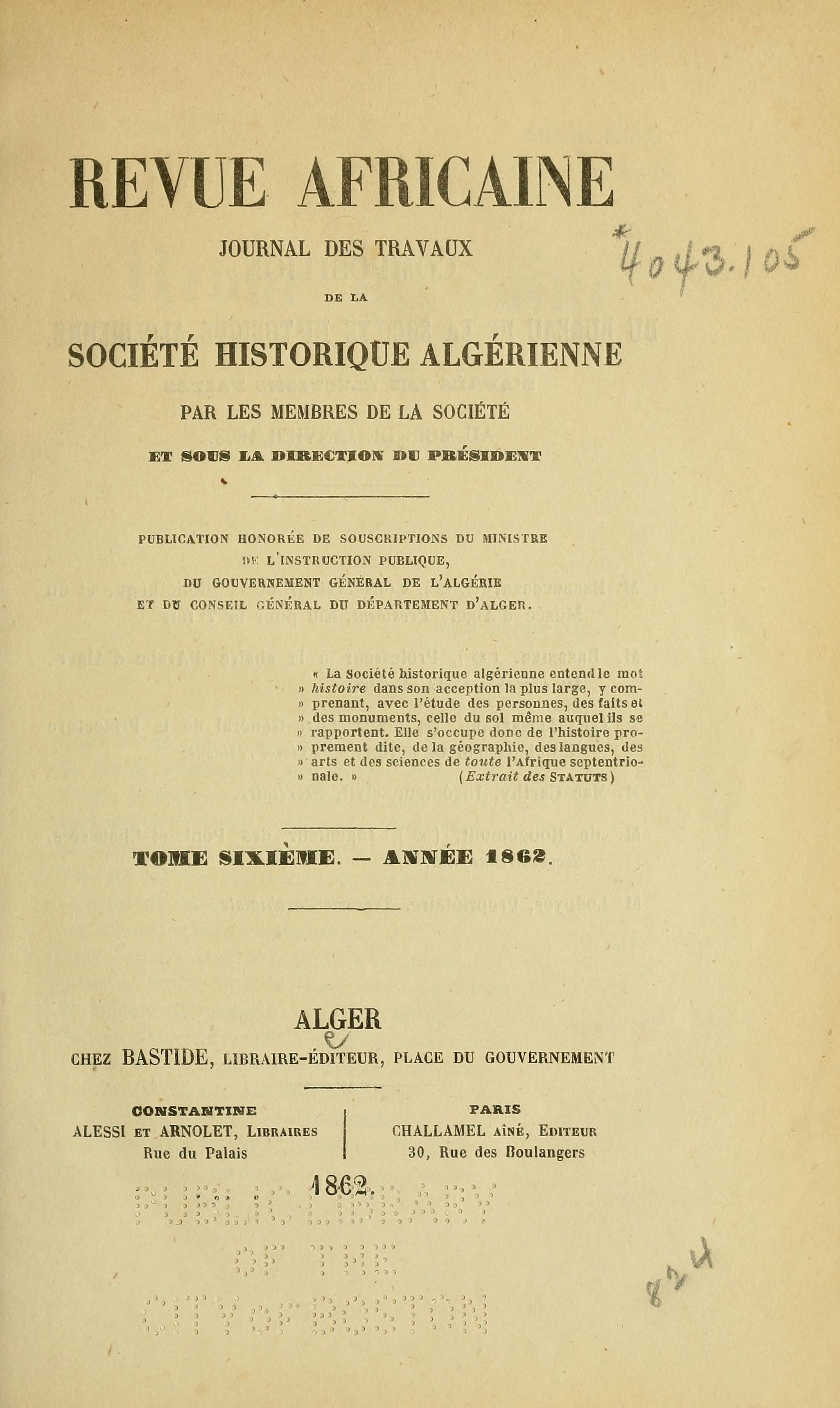 TABLES DE LA REVUE AFRICAINE et autres publications de la Société historique algérienne.