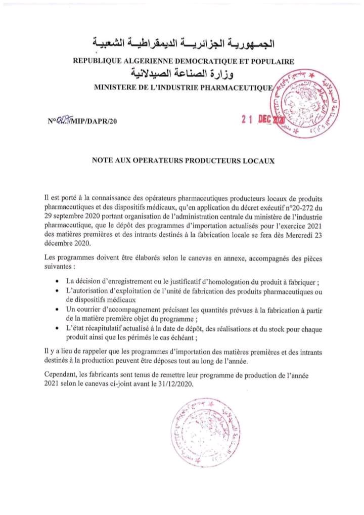 Importation actualisés pour l'exercice 2021,des matières premières et des intrants destinés à la fabrication pour les producteurs pharmaceutiques.