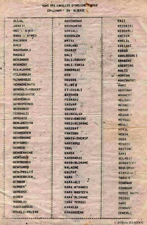 وثيقة تاريخية : أسماء عائلات جزائرية من أصول تركية —- les Noms de Familles Algériennes d’origine Turque