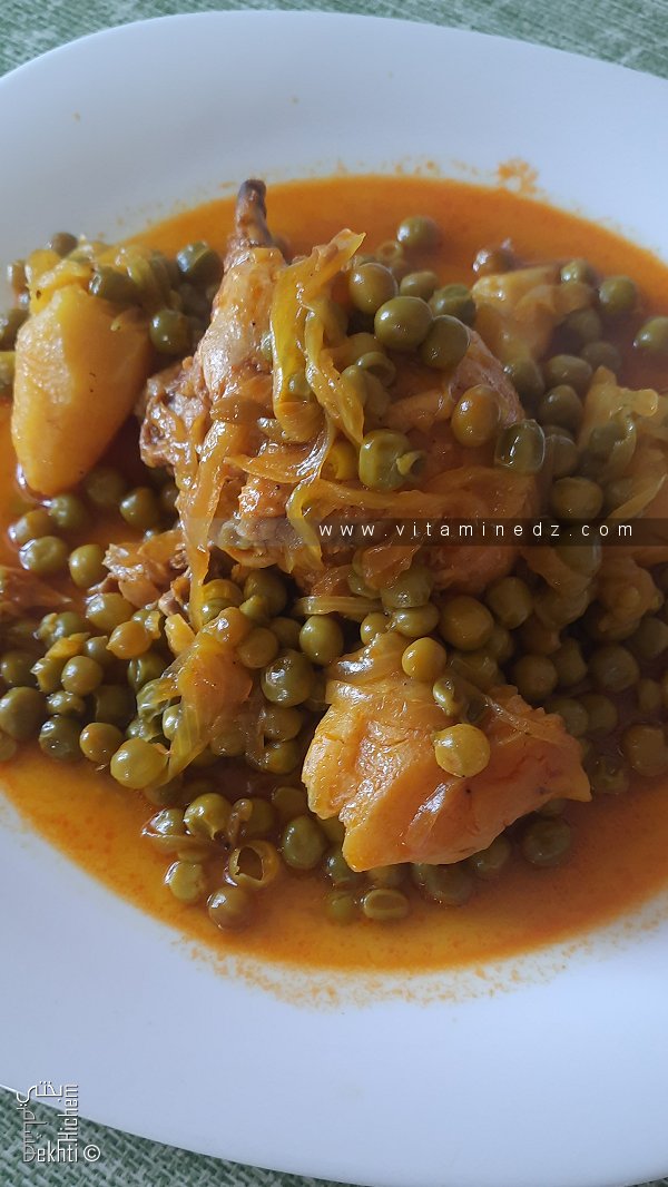 Recette de Topinambours, Petits Pois et Poulet en Sauce Rouge