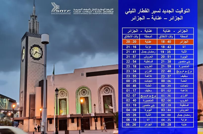 توقيت سير القطار الليلي على خط (الجزائر – عنابة – الجزائر)