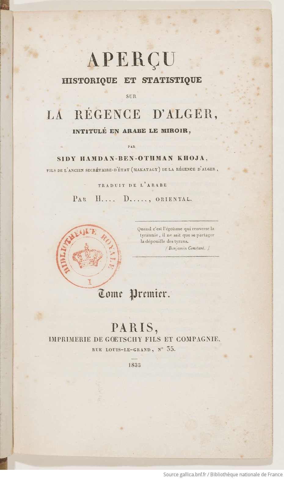 Télécharger : LE MIROIR de Hamdane Ben-Othman Khodja