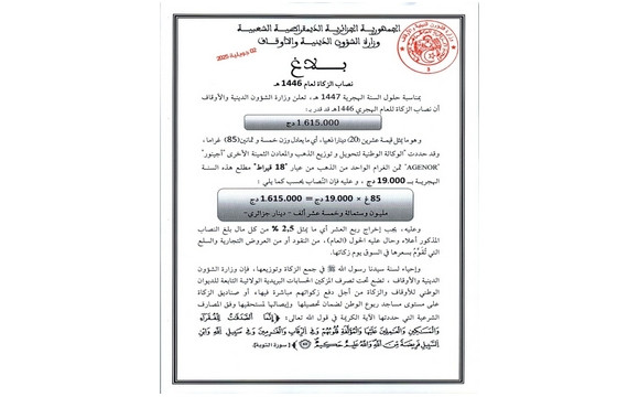 Le Nissab de la Zakat fixé à 1.615.000 DA