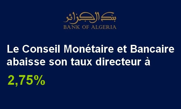La Banque d'Algérie abaisse son taux directeur à 2,75%