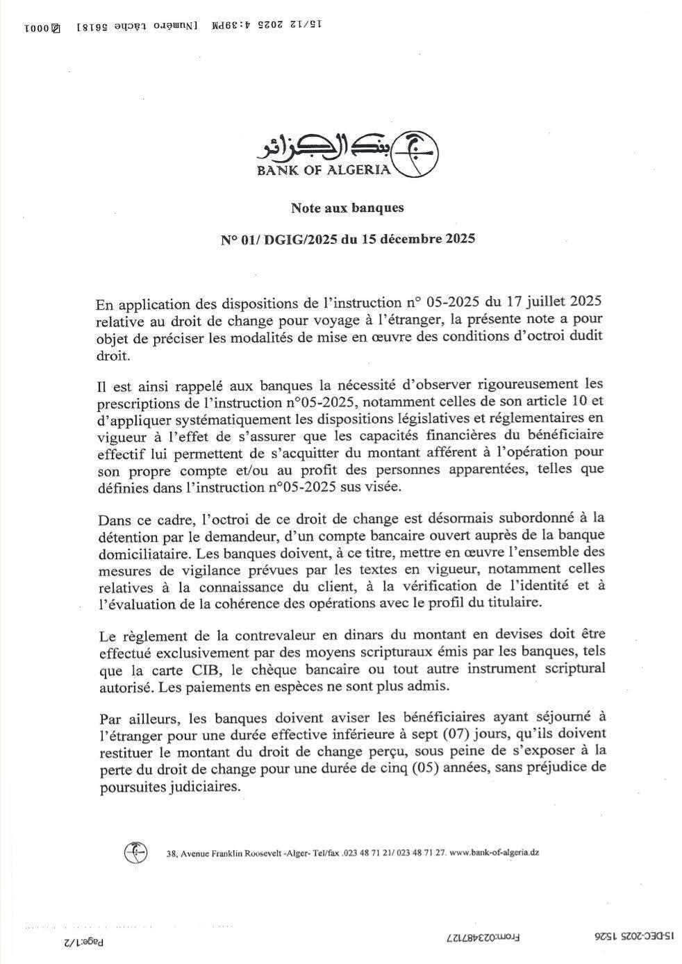 Nouvelle note de la Banque d’Algérie sur l’allocation de change pour voyage à l’étranger