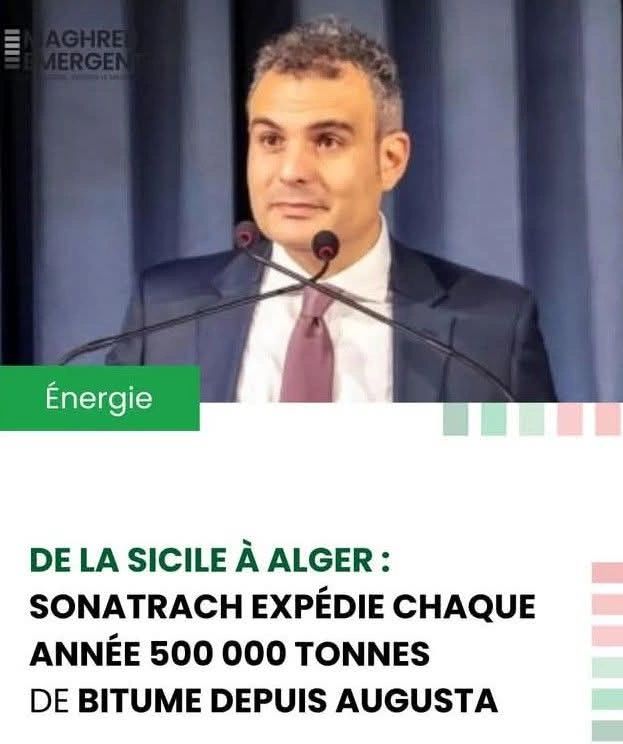 La Sonatrach expédie chaque année environ 500 000 tonnes de bitume depuis sa raffinerie d'Augusta en Sicile vers l'Algérie