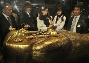 Argentine President Cristina Fernandez de Kirchner, center looks at