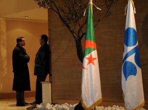 Men talk near flags of the Organization of Petroleum