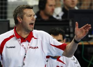 Poalnd's head coach Bogdan Wenta reacts during his team's
