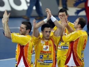 Macedonia's players celebrate their victory  against Algeria during
