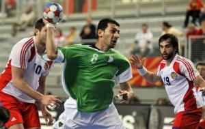 Algeria's Tahar Labane, center, throws standing between Russia's Alexander