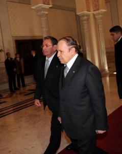 Algerian President Abdelazziz Bouteflika (R) escorts his Cuban counterpart