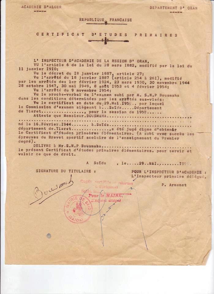 certificat d'étude primaire de Hadj Bousmaha Boucif du 29 mai 1958 à Saida