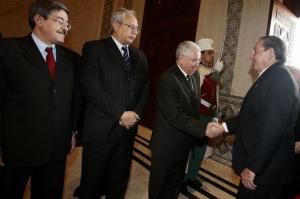 Cuba's President Raul Castro (R) shakes hands with President