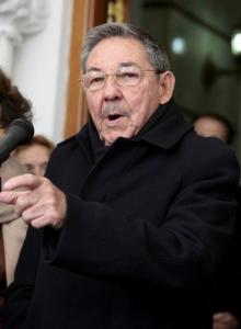 Cuba's President Raul Castro talks to journalists after his