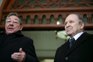 Cuba's President Raul Castro (L) talks to journalists as