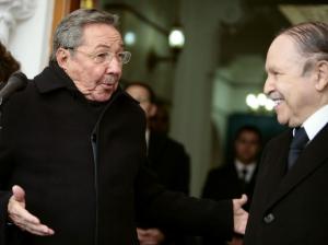 Cuba's President Raul Castro (L) looks to his Algerian
