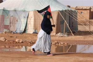 A Saharawi refugee woman heads to a ceremony on