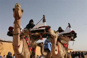 Saharawi nomads riding on traditional camel saddles for women