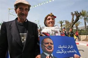 An elderly couple dressed in typical outfits of Algeria's Kabyle