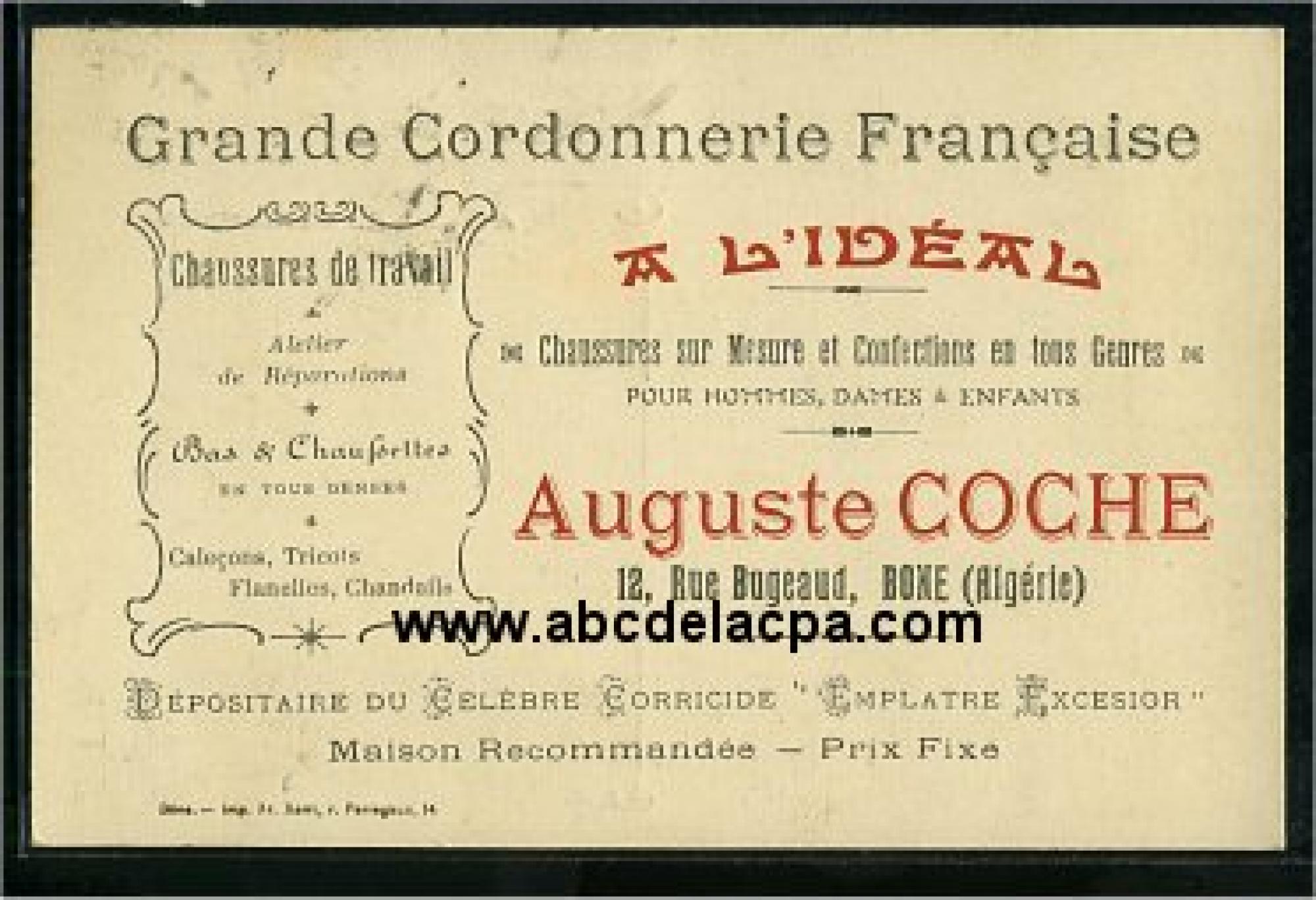Bône -  Bâtiments  - grande cordonnerie française - a l'idéal - auguste coche, 12 rue bugeaud